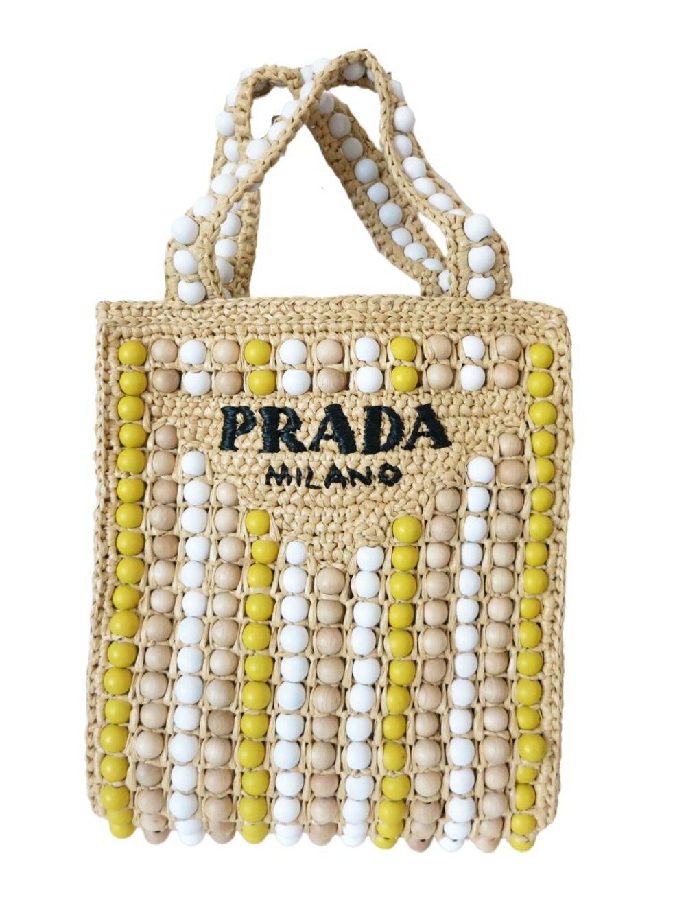 PRADA Beige Raffia Yellow White Wood Bead Embroidery Small Tote Top Handle Bag